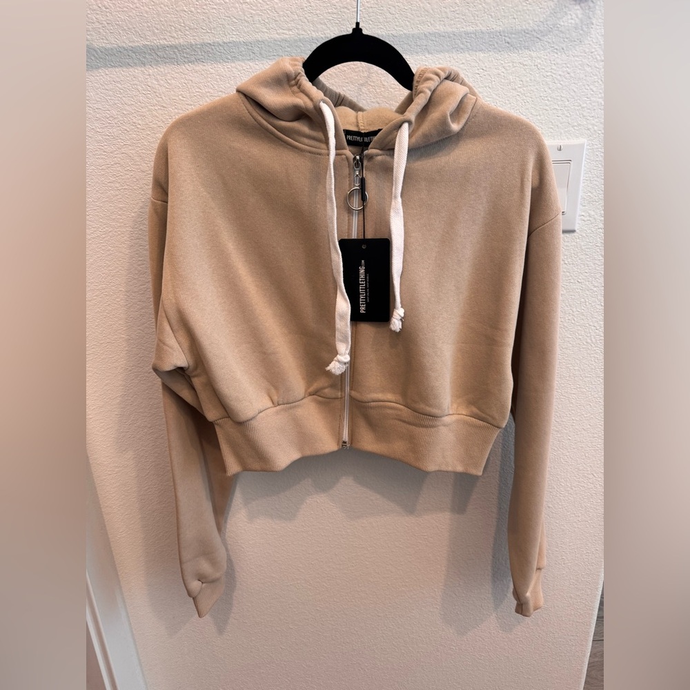 PrettyLittleThing Beige Cropped Zip Hoodie with White Drawstrings